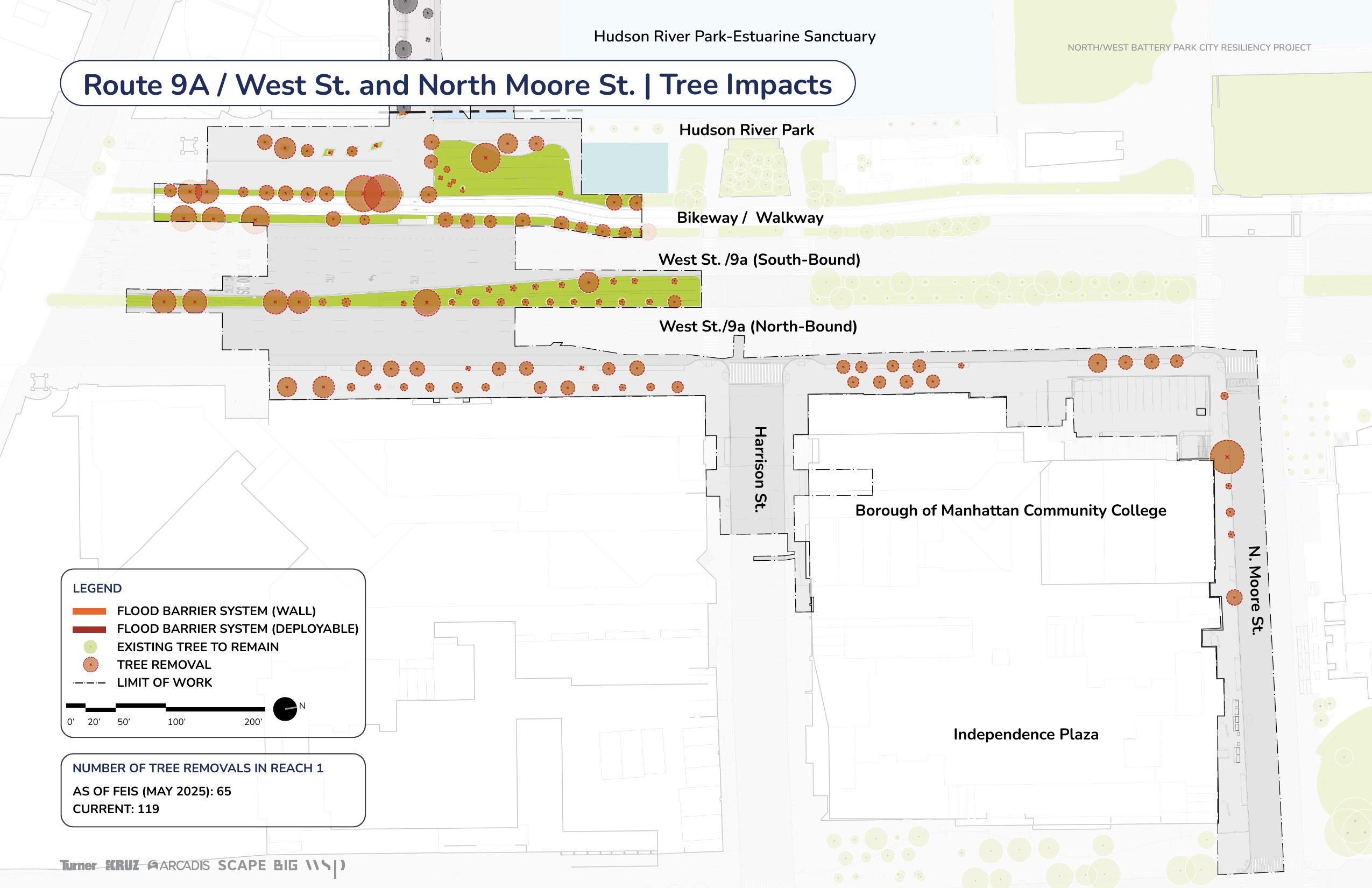 Route 9A / West St / Tribeca tree impact map — 119 trees marked for removal (was 65 in FEIS)