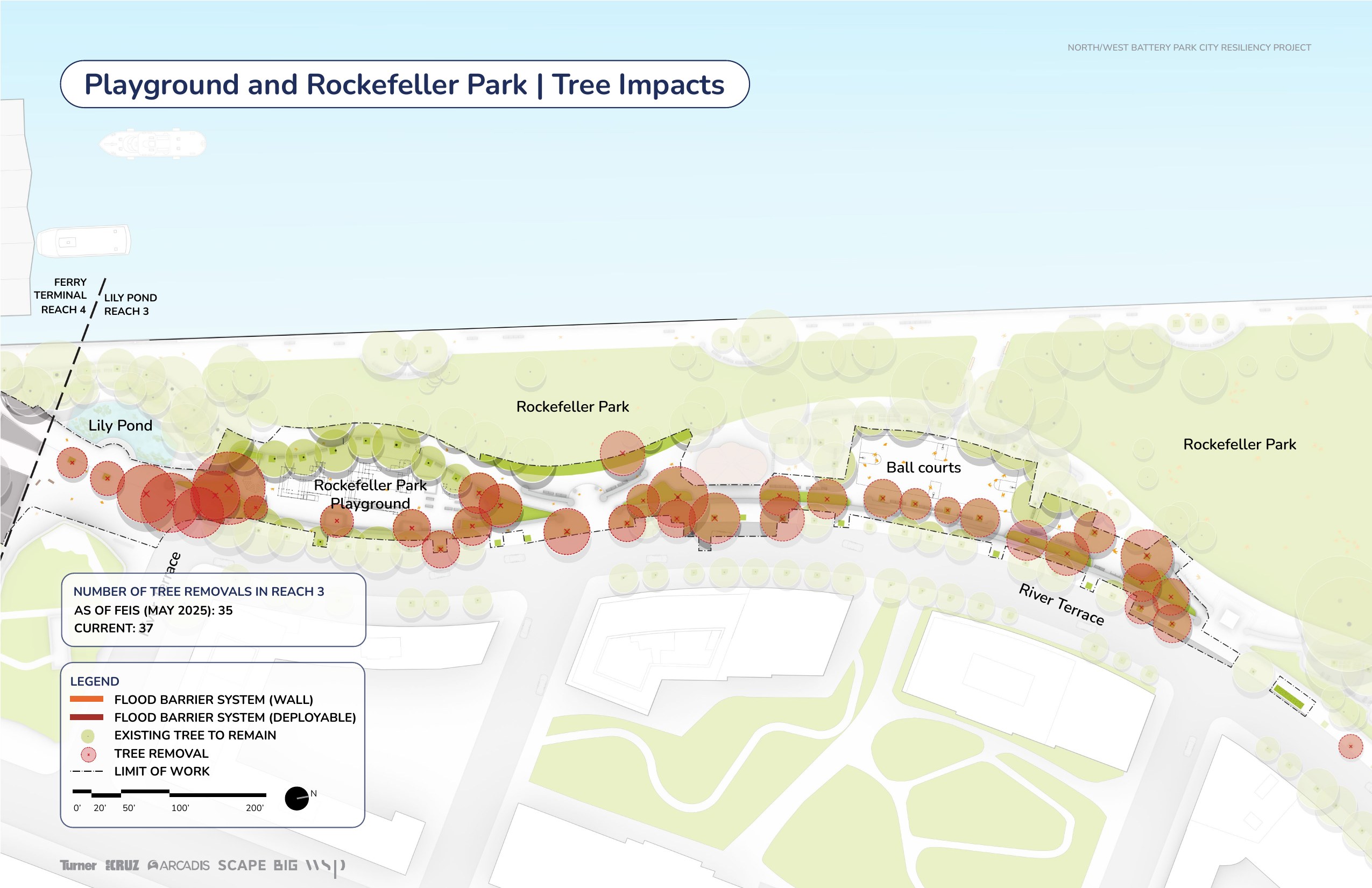 Rockefeller Park tree impact map — 37 trees marked for removal