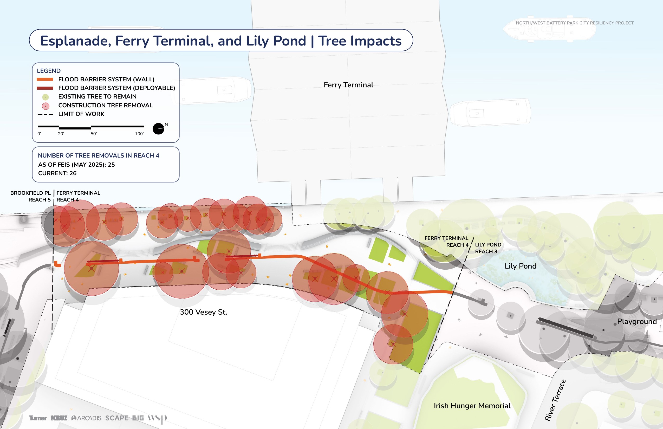 Ferry Terminal tree impact map — 26 trees marked for removal