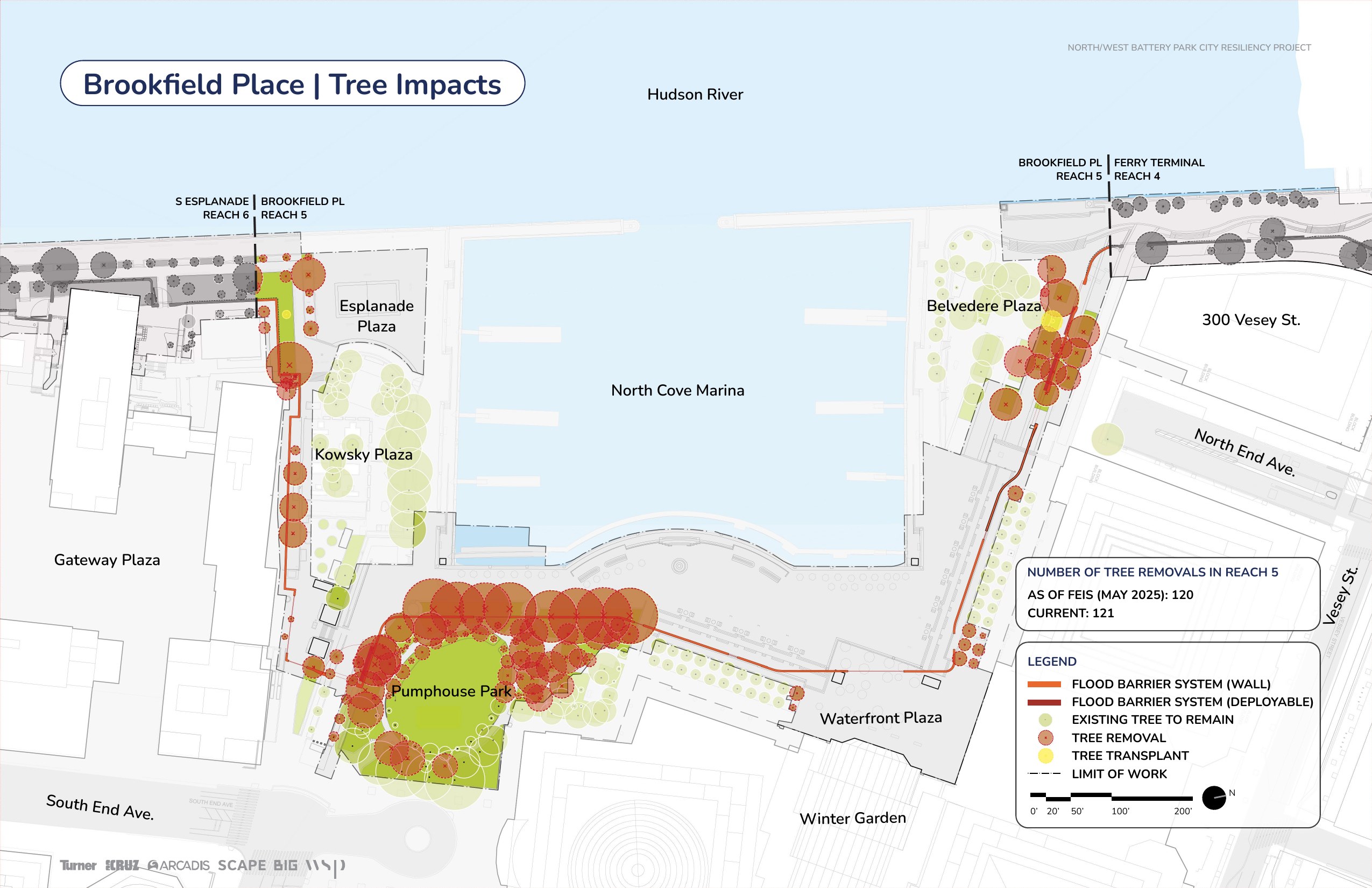 Brookfield Place / North Cove tree impact map — 121 trees marked for removal