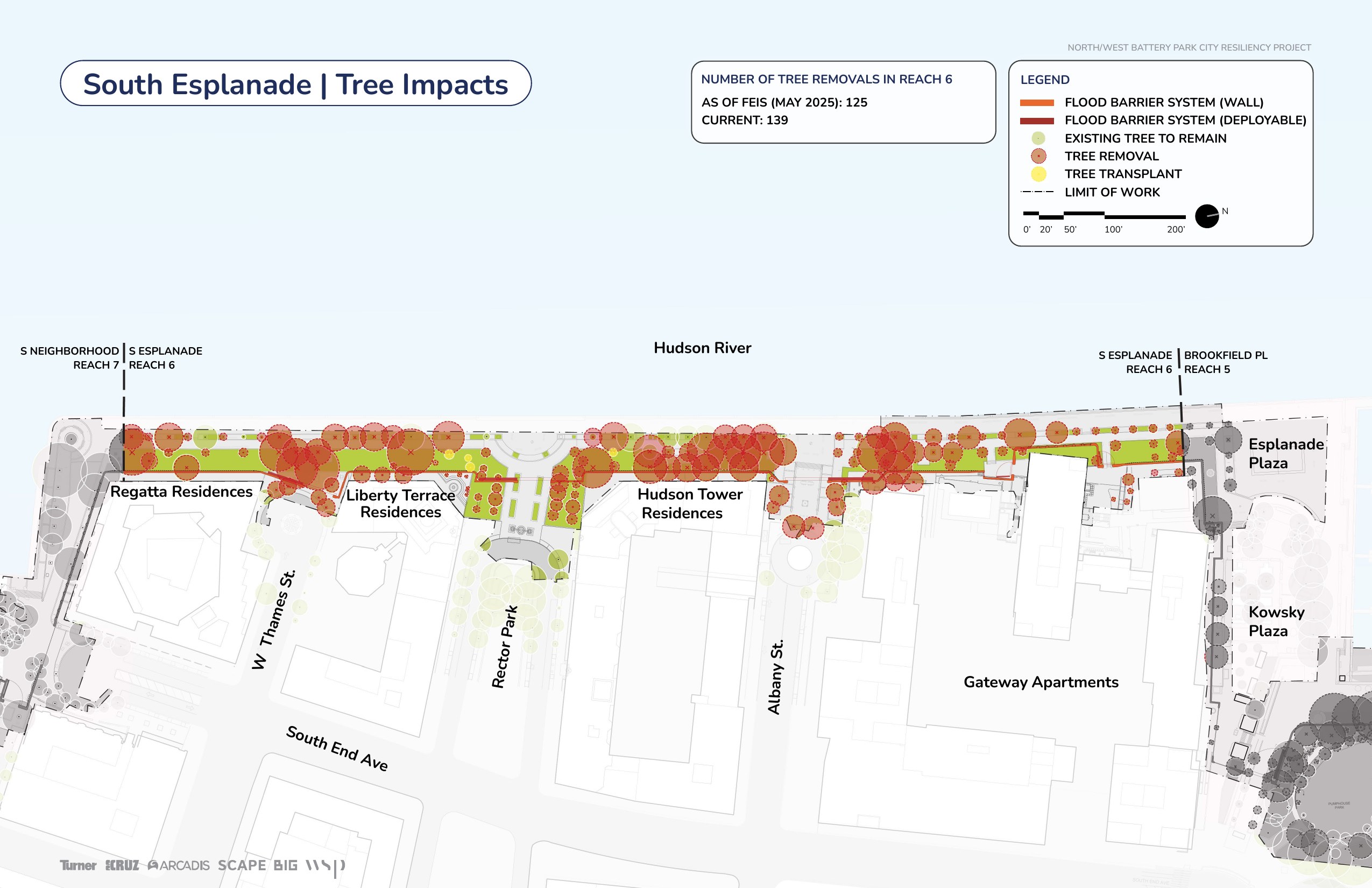 South Esplanade tree impact map — 139 trees marked for removal, ~80% of trees